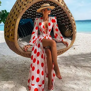 Plaža Obleko 2021 Bikini Prikriti Tiskanja Kopalke Ženske Kimono Plus Velikost Tunika Seksi Dolg Rokav Kopalke Pokrov-Ups