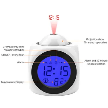 Digitalna Ura LED Projektor Temperature, Termometer Namizna Ura Datum Prikaz Projekcije Koledar Polnilnik USB Tabela Ura