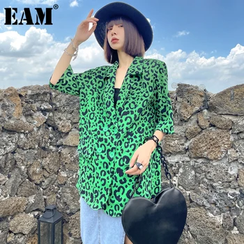 [EAM] Žensk Zelena Leopard Natisnjeni Velika Velikost Tanka Jopič New River Pol Rokav Svoboden Suknjič Moda Pomlad Poletje 2021 1DD9987