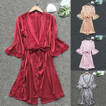 Svila Kimono Plašč Kopalni Plašč Ženske Svile Družico Obleke Nightgowns Sleepwear Seksi Oblačilih, Saten Jutranje Halje Obleko Noč Peignoir