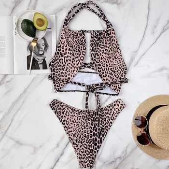 Mossha Seksi high cut kopalke Votlih iz bikini komplet Leopard tiskanja kopalke ženske String čipke kopalke Letnik Plaža obrabe
