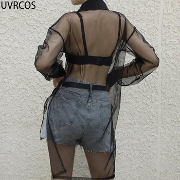 UVRCOS Vetement Femme 2021 Seksi Očesa, spregledal Blusas Mujer Poletje Dolg Rokav Šifon Dihanje X-Dolg nočni klub Plaži Majica