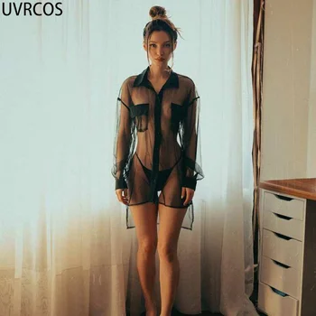 UVRCOS Vetement Femme 2021 Seksi Očesa, spregledal Blusas Mujer Poletje Dolg Rokav Šifon Dihanje X-Dolg nočni klub Plaži Majica