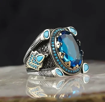 Sterling srebro turški ročno izdelan nakit akvamarin moški prstan