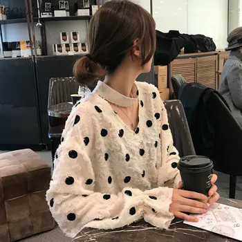 Bluze, Ženske, Oblikovanje Unikatne Polka Dot Ins Proti-Vrat Letnik Jeseni Flare Rokav Blusas Mujer 2021 Prevelik Povodcem Kolegij Moda
