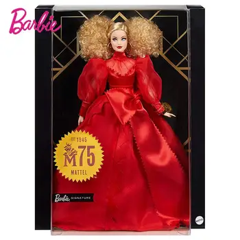 Barbie Zbiralec Mattel 75. Obletnico Lutka Rdeče Šifon Obleke Blondinka Zbirka Lutka Igrača za Dekle Darilo