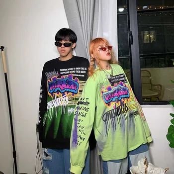 Moda Korejski Ulične Gospe Jeseni Punk Vrhovi Tees Ženske Natisnjeni Dolg Rokav T Srajce Priložnostne Hip Hop Oblačila