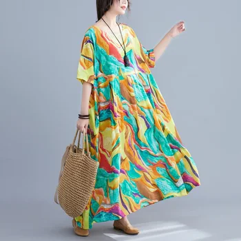 Kratek rokav bombaž perilo letnik cvetlični obleke za ženske priložnostne ohlapne dolge poletne plaže obleka elegantna oblačila 2021