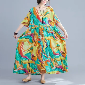 Kratek rokav bombaž perilo letnik cvetlični obleke za ženske priložnostne ohlapne dolge poletne plaže obleka elegantna oblačila 2021