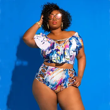 Plus Velikost Bikini Komplet Žensk, Plavanje Obleko Visoka Vitka Kopalke Ženska Afriške kopalke Dva Kosa Ruffle Kopalke Badpak 5XL