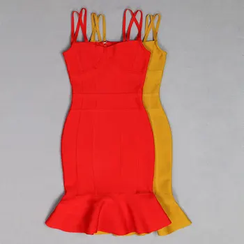 2020 Jeseni Nove Ženske Seksi Špageti Trak Ruffle Obleko Rdeča Rumena Bodycon Povoj Slaven vzletno-pristajalne Steze Stranka Obleko Vestidos