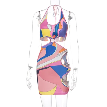 ANGELI 2021 brez Rokavov Povodcem Backless Asimetrične Votlih Iz Mozaik Seksi Obleke Poletje Ženske Modni Mini Obleka AG31545