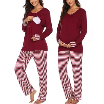 Ženske Dolg Rokav Pižamo Za Nosečnice More Porodniškega Dolg Rokav zdravstvene Nege Baby T-Shirt Vrhovi+Nastavljiva Hlače, Pižame Set