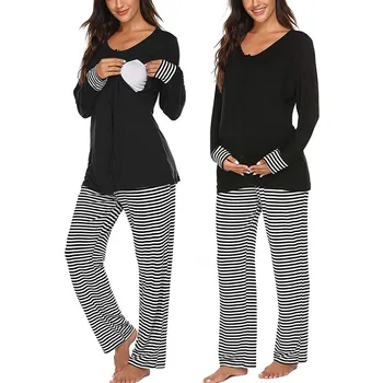 Ženske Dolg Rokav Pižamo Za Nosečnice More Porodniškega Dolg Rokav zdravstvene Nege Baby T-Shirt Vrhovi+Nastavljiva Hlače, Pižame Set