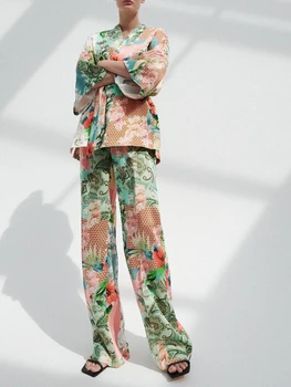 HWLZLTZHT Mozaik Tiskanja Ženske Poletje Kimono Elegantno Bluzo z Dolgimi Rokavi Pasu Kratek Kimono Moda Stranski Zračniki Letnik Ženska Vrh